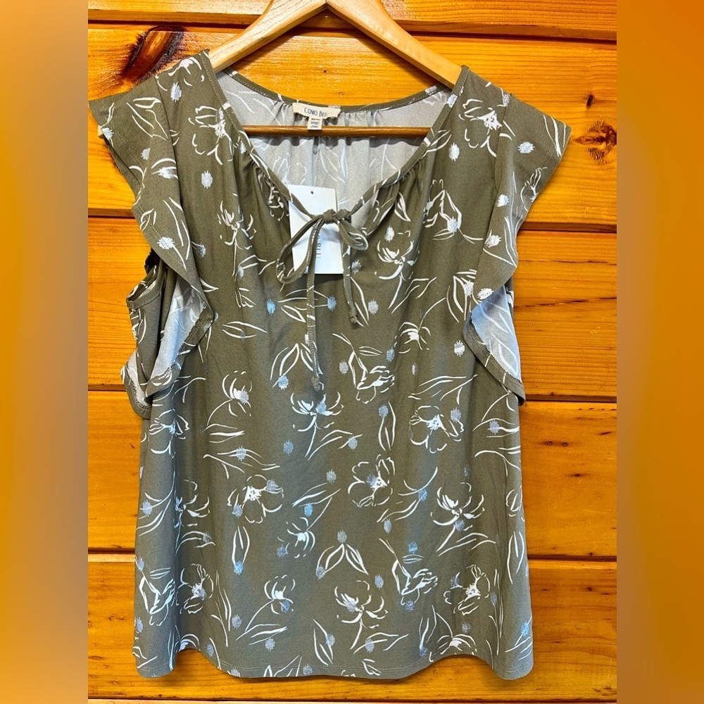 Como Blu XL Shiny Silver Green Womens Short Flutter Sleeve Blouse Tie Front